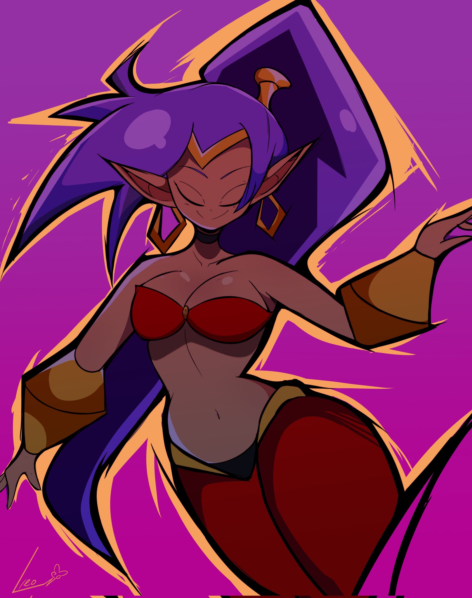 leo clock, shantae, shantae (series), wayforward, commentary, english commentary, 1girl, 2024, artist name, bare shoulders, bra, breasts, closed eyes, dancing, dark-skinned female, dark skin, earrings, female focus, gold choker, harem outfit, harem pants, jewelry, large breasts, long hair, midriff, navel, o-ring, outline, pants, pointy ears, purple background, purple hair, red bra, red pants, strapless, tiara, title, tube top, underwear, vambraces, very long hair