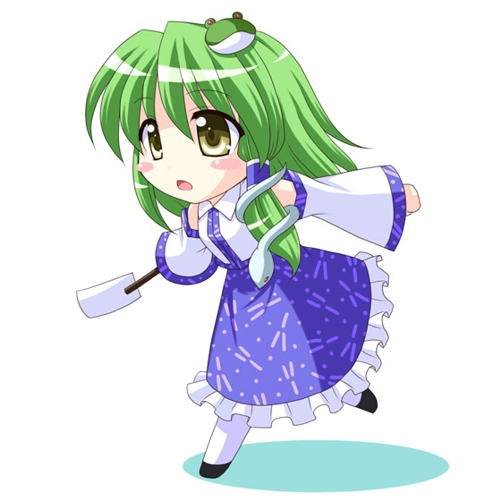 bococho, kochiya sanae, touhou, bad id, bad pixiv id, 1girl, detached sleeves, female focus, frog, full body, green hair, hair tubes, japanese clothes, miko, simple background, single hair tube, solo, white background