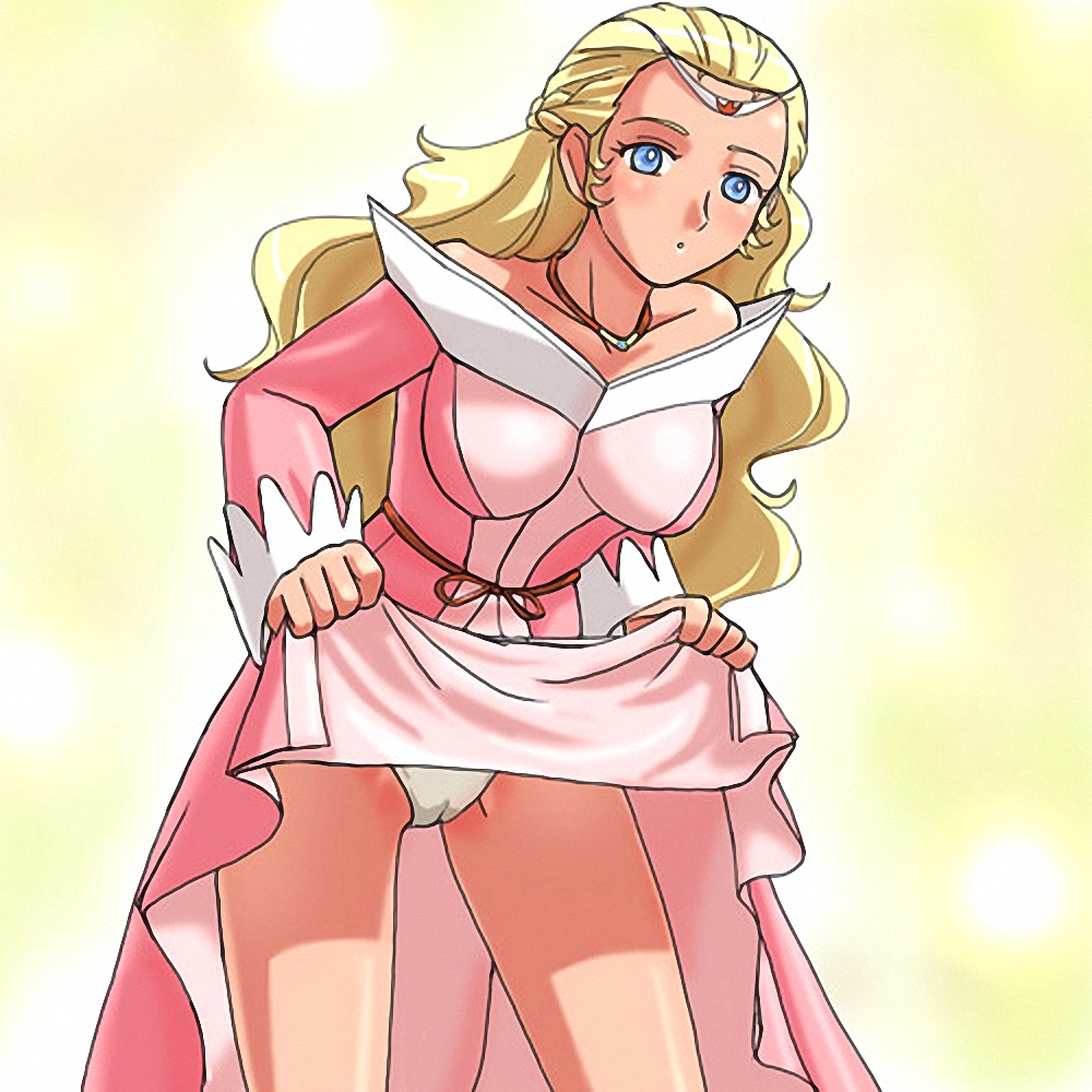 haruyama kazunori, princess farla, hyakujuu-ou golion, 1980s (style), 1girl, blonde hair, blue eyes, blush, breasts, cameltoe, clothes lift, dress, dress lift, female focus, gradient background, jewelry, long hair, necklace, oldschool, panties, retro artstyle, skirt, skirt lift, solo, tiara, underwear, white panties