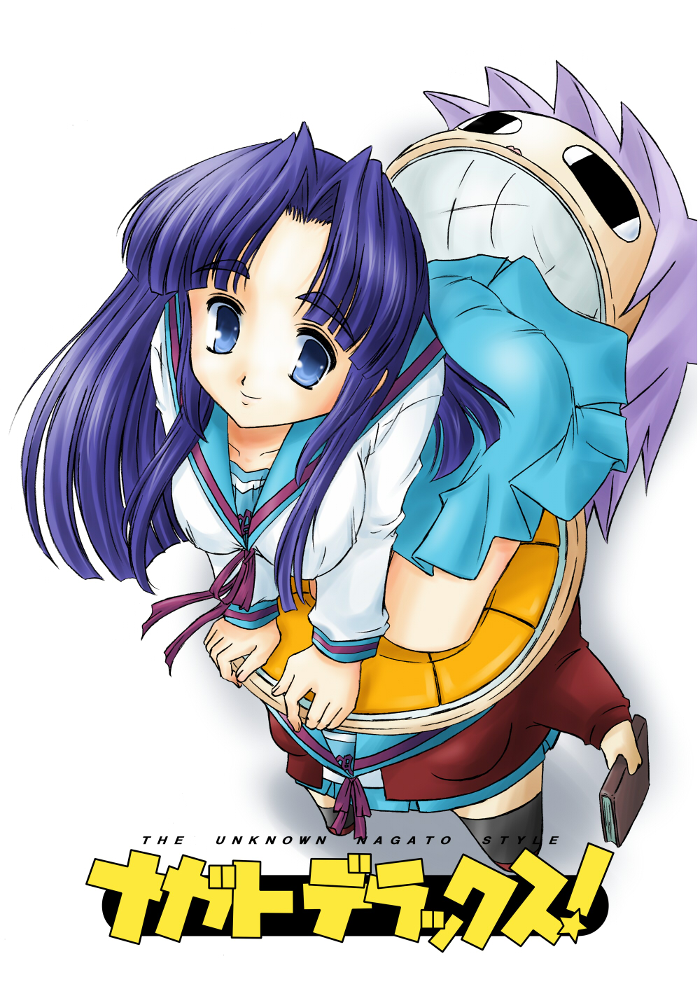 ranshin, asakura ryoko, nagato yuki, kemeko deluxe, suzumiya haruhi no yuuutsu, silver hair, highres, 1girl, bent over, blue eyes, blue hair, breasts, cleavage, female focus, long hair, matching hair/eyes, parody, school uniform, serafuku, small breasts, solo