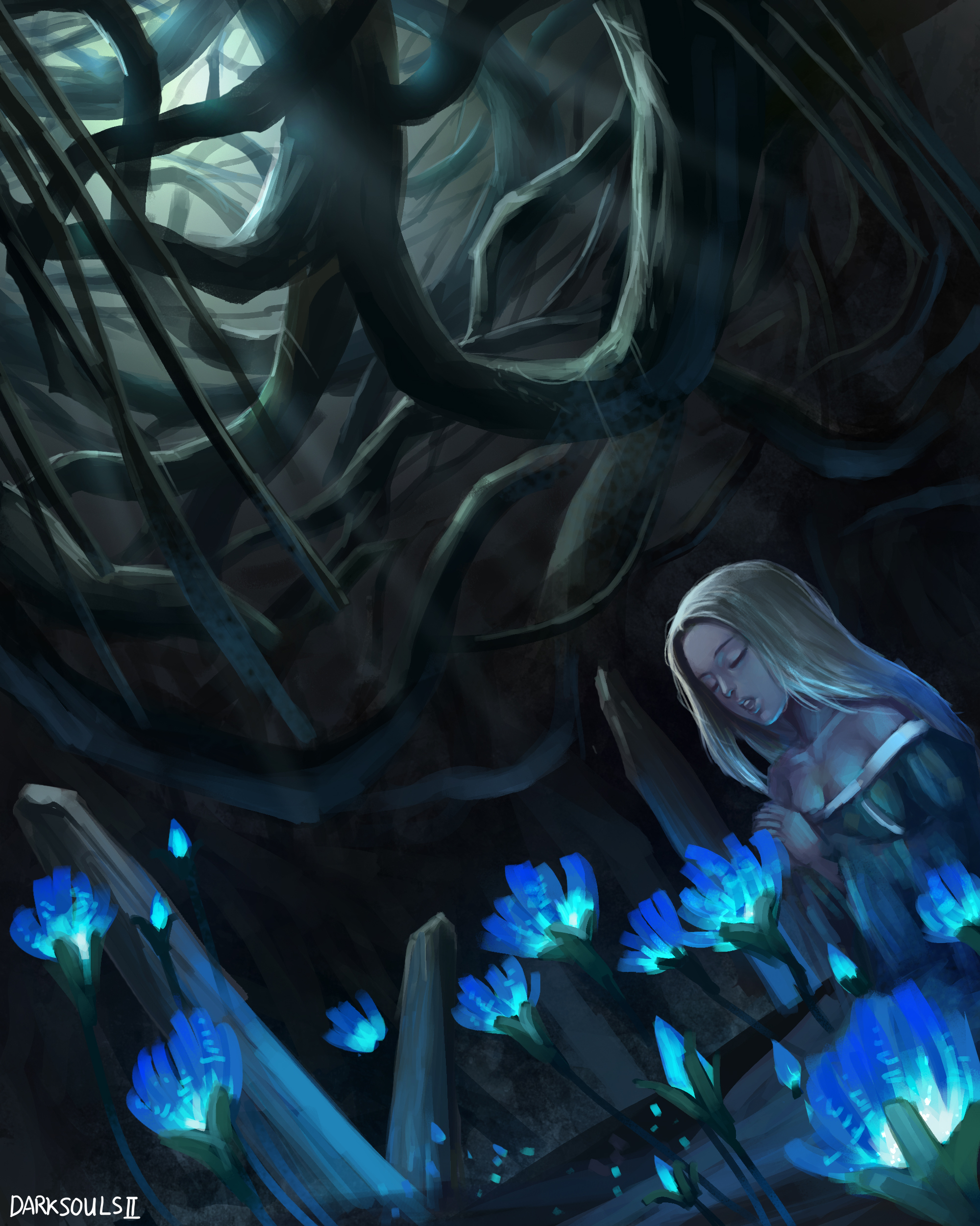 yuwei li, milfanito, dark souls (series), dark souls ii, absurdres, commentary request, highres, 1girl, blonde hair, blue flower, breasts, closed eyes, copyright name, dress, dutch angle, flower, glowing flower, green dress, long hair, long sleeves, medium breasts, off-shoulder dress, off shoulder, own hands together, plant roots, praying, solo, upper body