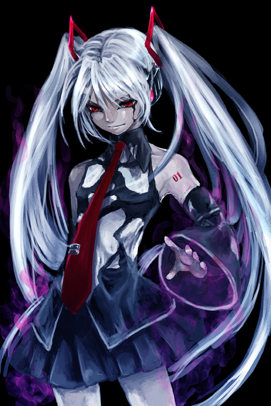 namami (ultra7-m78), nanaya (up and out), chaosroid, hatsune miku, tsuburaya productions, ultra series, vocaloid, silver hair, 1girl, detached sleeves, female focus, fusion, long hair, necktie, parody, red eyes, skirt, solo, twintails