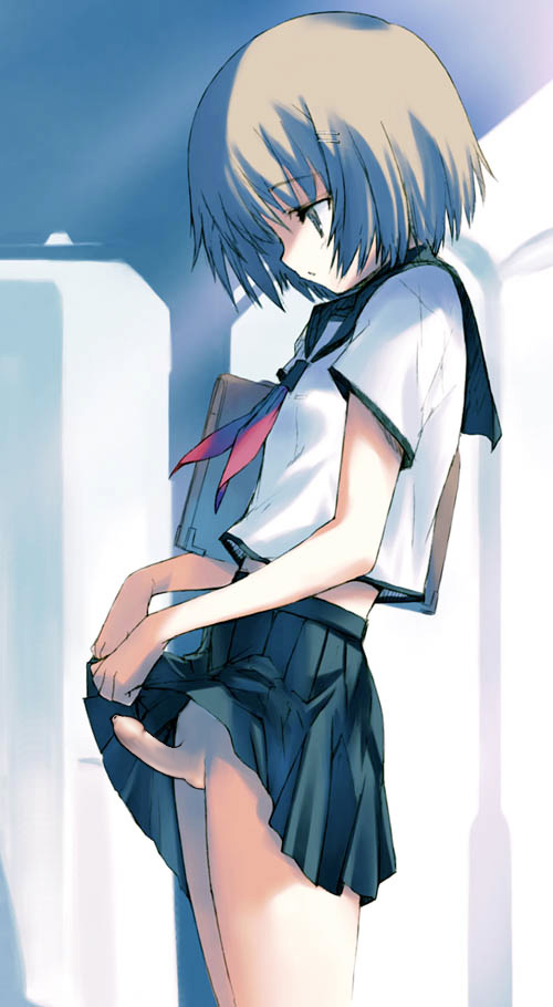 kawata hisashi, original, third-party edit, 1boy, androgynous, class, clothes lift, crossdressing, crossdressing (mtf), foreskin, male focus, penis, sailor, school, school uniform, serafuku, shota, skirt, skirt lift, solo, trap, uncensored