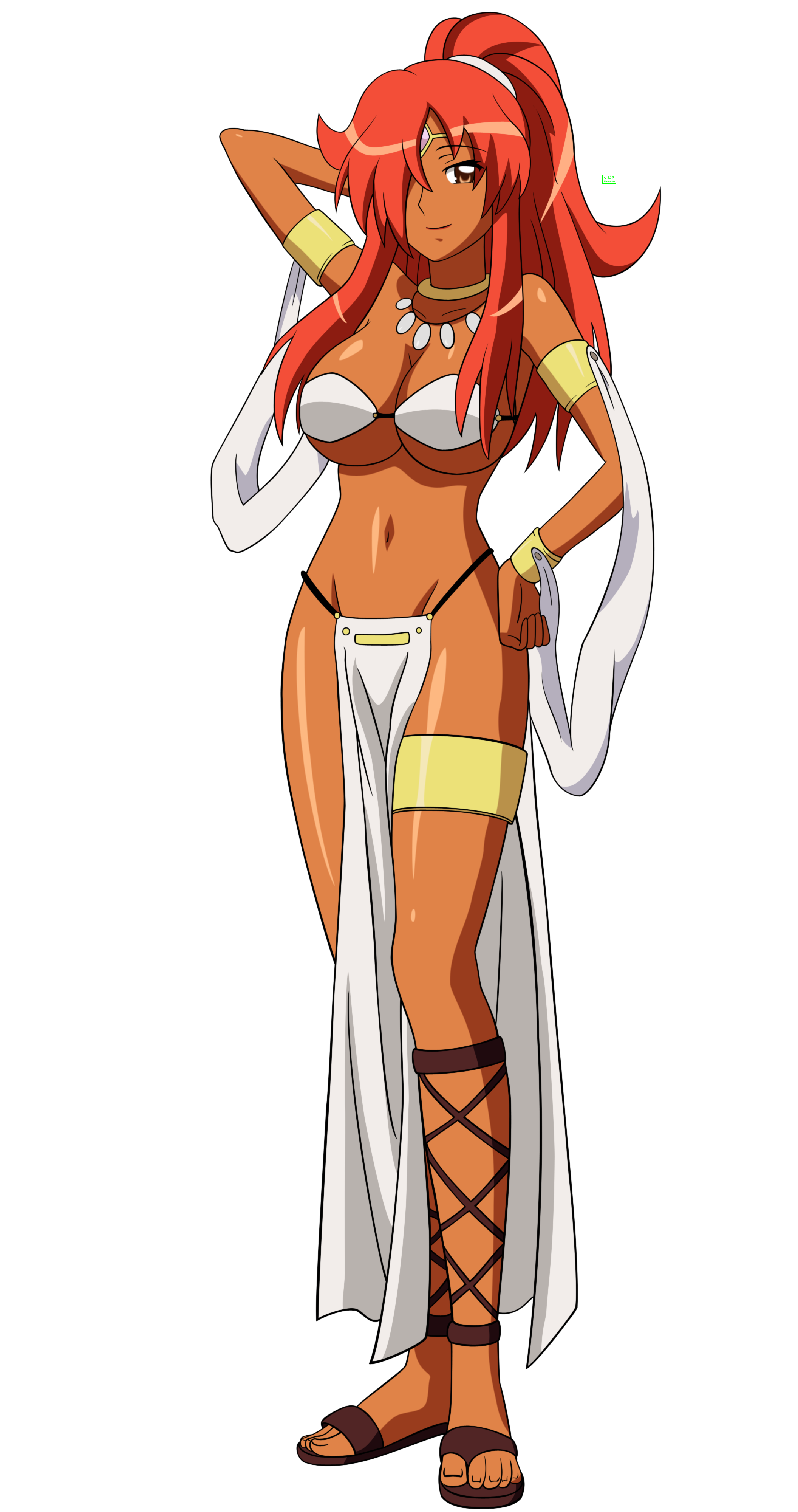 kebinu, kirche augusta frederica von anhalt zerbst, zero no tsukaima, absurdres, derivative work, highres, vector trace, 00s, 1girl, ankle lace-up, arabian clothes, arms up, belly dancer, bikini, breasts, brown eyes, dark-skinned female, dark skin, female focus, full body, hair over one eye, jewelry, large breasts, loincloth, long hair, long loincloth, navel, necklace, pelvic curtain, ponytail, red hair, sandals, smile, solo, standing, swimsuit, transparent background, underboob