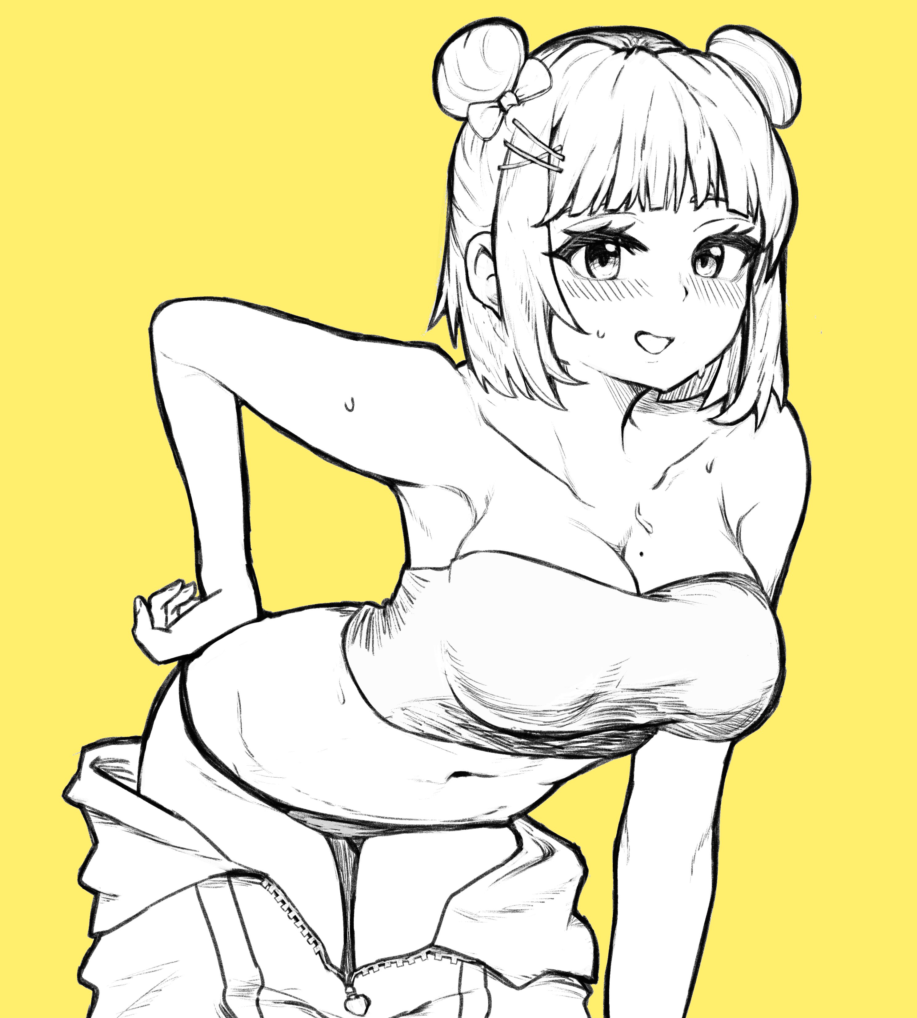 watson amelia, hololive, hololive english, absurdres, commentary, english commentary, highres, 1girl, bare shoulders, blush, bow, breasts, cleavage, collarbone, double bun, hair bow, hair bun, hair ornament, hand on own hip, lavacacticus, leaning forward, looking at viewer, mole, mole on breast, navel, panties, partially colored, partially undressed, short hair, sidelocks, simple background, smile, solo, stomach, strapless, sweat, tube top, underwear, yellow background, zipper