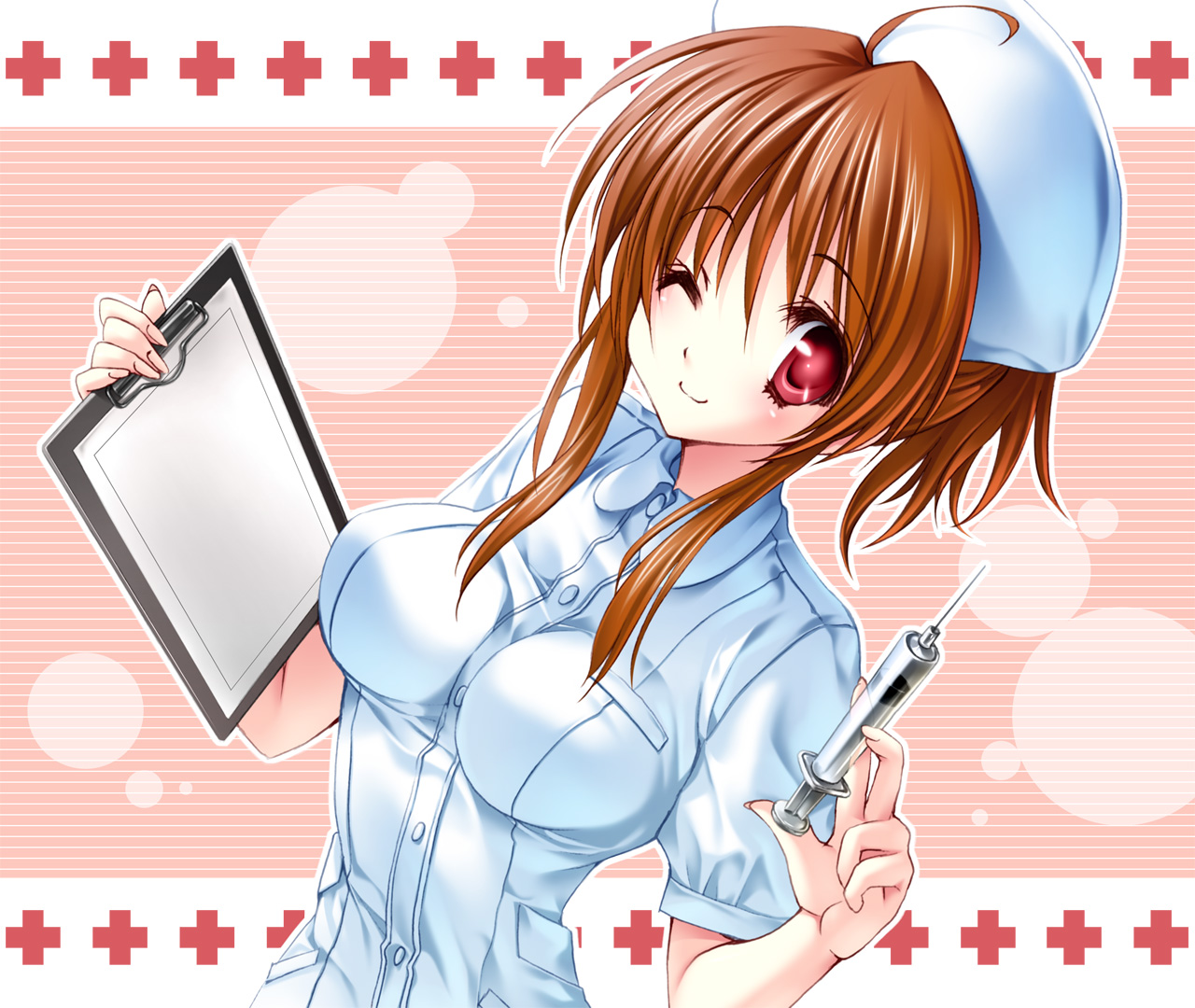 yukiwo, ahoge, brown hair, clipboard, hat, nurse, nurse cap, one eye closed, solo, syringe, wink