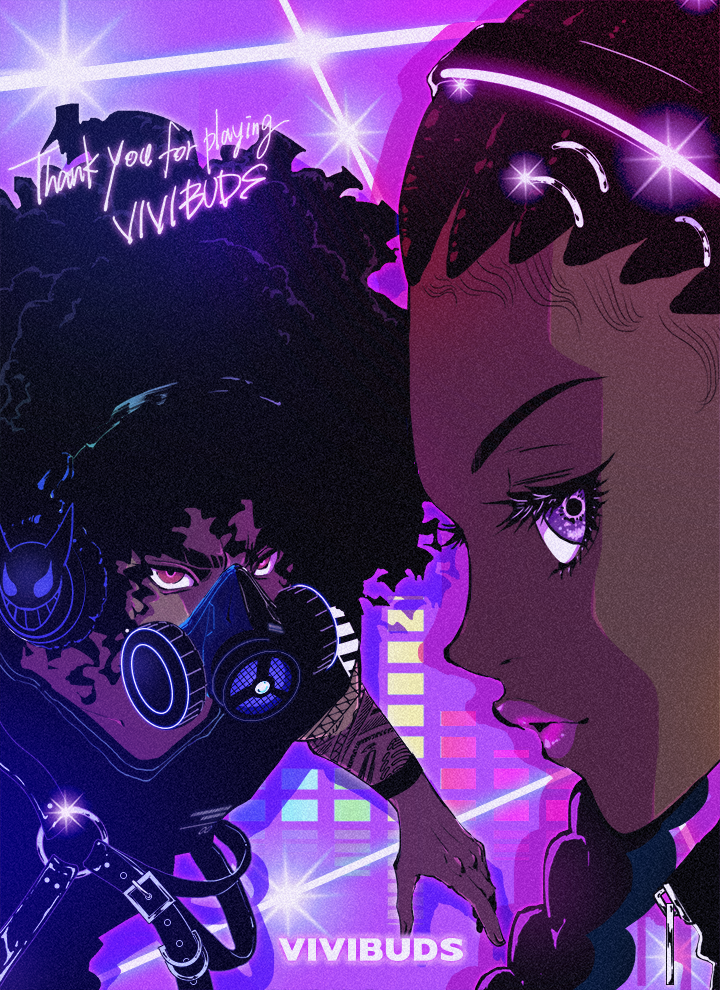 non-web source, official art, 1boy, 1girl, afro, arm tattoo, black hair, black skirt, copyright name, dark-skinned female, dark-skinned male, dark skin, headphones, logo, looking at viewer, mask, pink lips, profile, purple eyes, red eyes, respirator, skirt, tattoo, thank you, vivibuds