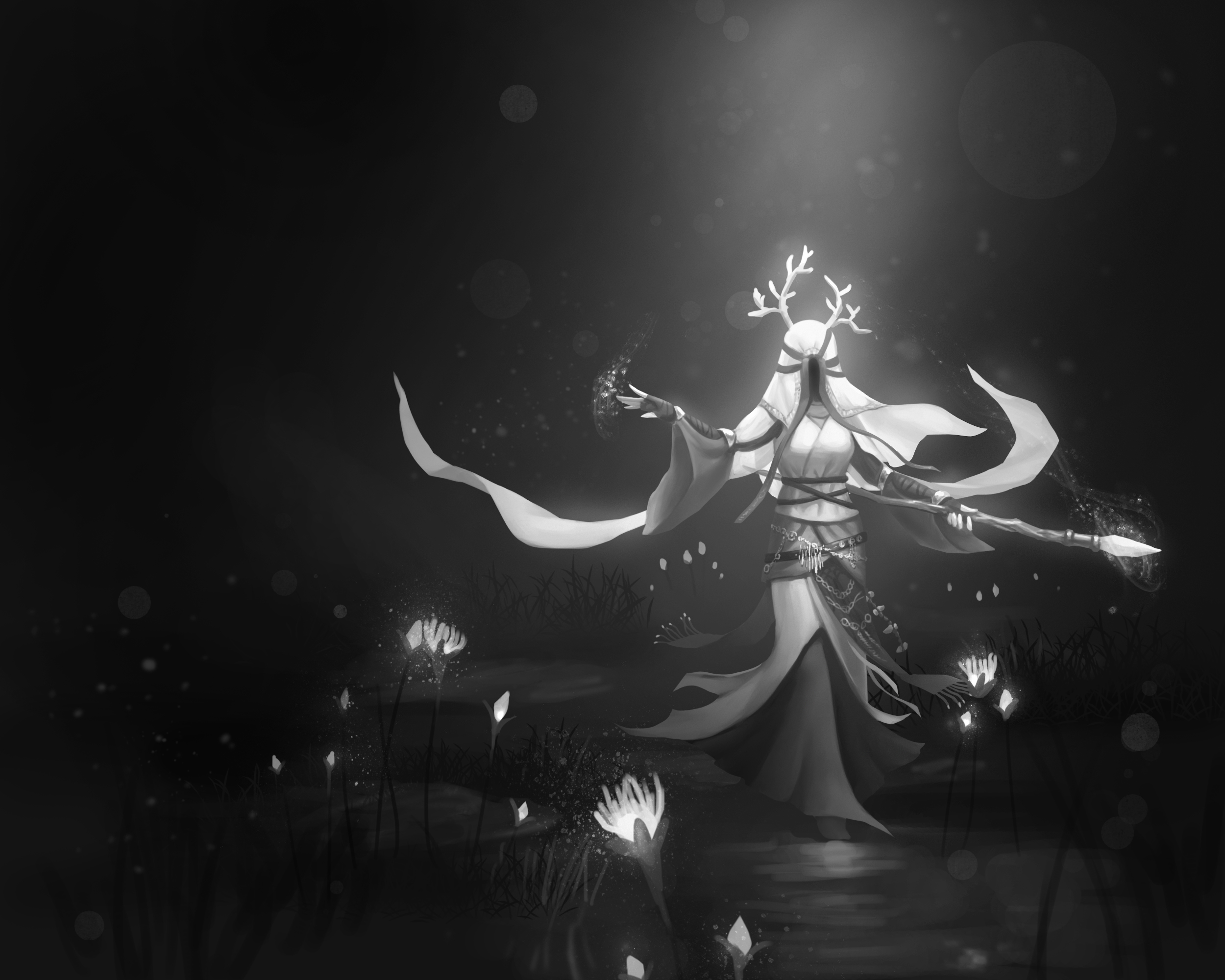 yuwei li, dark souls (series), dark souls ii, commentary, english commentary, highres, 1girl, amana priestess, antlers, belt, coif, dress, fingerless gloves, flower, full body, gloves, glowing flower, greyscale, holding, holding staff, horns, layered dress, light particles, long dress, monochrome, solo, staff