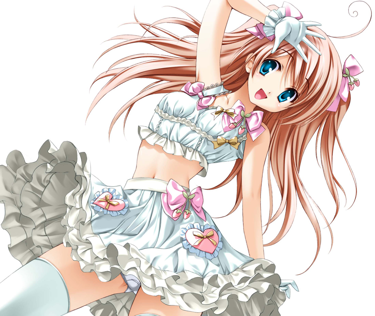 yukiwo, 1girl, :d, ahoge, aqua eyes, arm up, bare shoulders, bow, brown hair, female focus, food, frills, fruit, gloves, hair bow, hair ribbon, long hair, midriff, navel, open mouth, outstretched hand, panties, pantyshot, ribbon, simple background, smile, solo, strawberry, thighhighs, underwear, white panties, white thighhighs