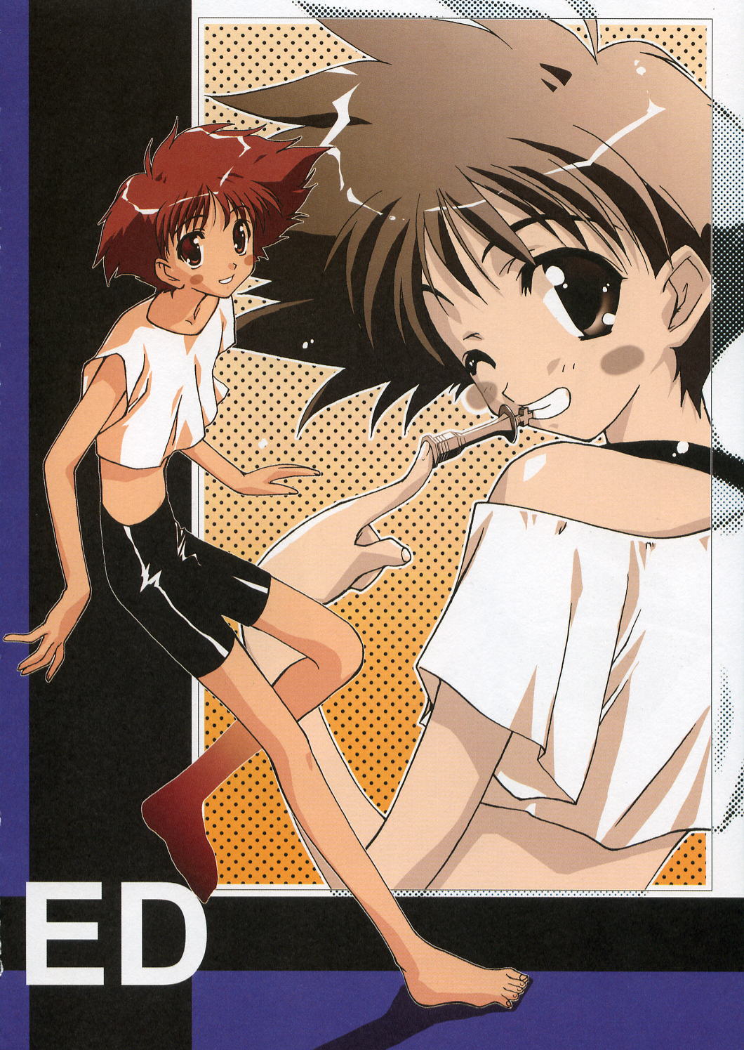 amazuyu tatsuki, edward wong hau pepelu tivrusky iv, cowboy bebop, highres, 1990s (style), 1girl, androgynous, bare shoulders, barefoot, bike shorts, blush, blush stickers, board game, chess, looking back, mouth hold, one eye closed, red eyes, red hair, reverse trap, short hair, smile, strap slip, tomboy, wink