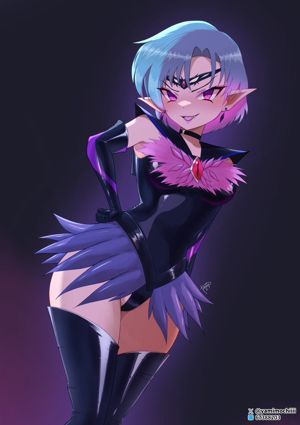 yami-mochi, dark mercury, mizuno ami, sailor mercury, bishoujo senshi sailor moon, pretty guardian sailor moon, commentary request, highres, 1girl, adapted costume, armpits, black boots, black gloves, black leotard, blue hair, blue skirt, boots, breasts, brooch, circlet, collarbone, colored inner hair, corruption, crystal earrings, earrings, evil smile, eye brooch, eyeshadow, fang, fur trim, gem, gloves, gradient hair, jewelry, leotard, lips, makeup, medium breasts, multicolored hair, parted bangs, pink eyes, pink eyeshadow, pink gemstone, pink hair, pink lips, pointy ears, skirt, slit pupils, smile, solo, thigh boots, v-shaped eyebrows