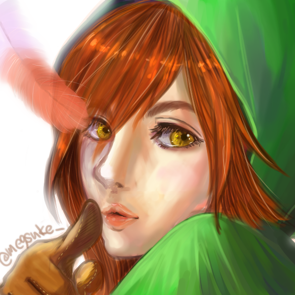 emerald herald, dark souls (series), dark souls ii, commentary request, 1girl, brown gloves, brown hair, eyes visible through hair, gloves, green hood, hair over one eye, hood, hood up, lips, megsuke, pointing, pointing at viewer, portrait, short hair, simple background, solo, white background, yellow eyes