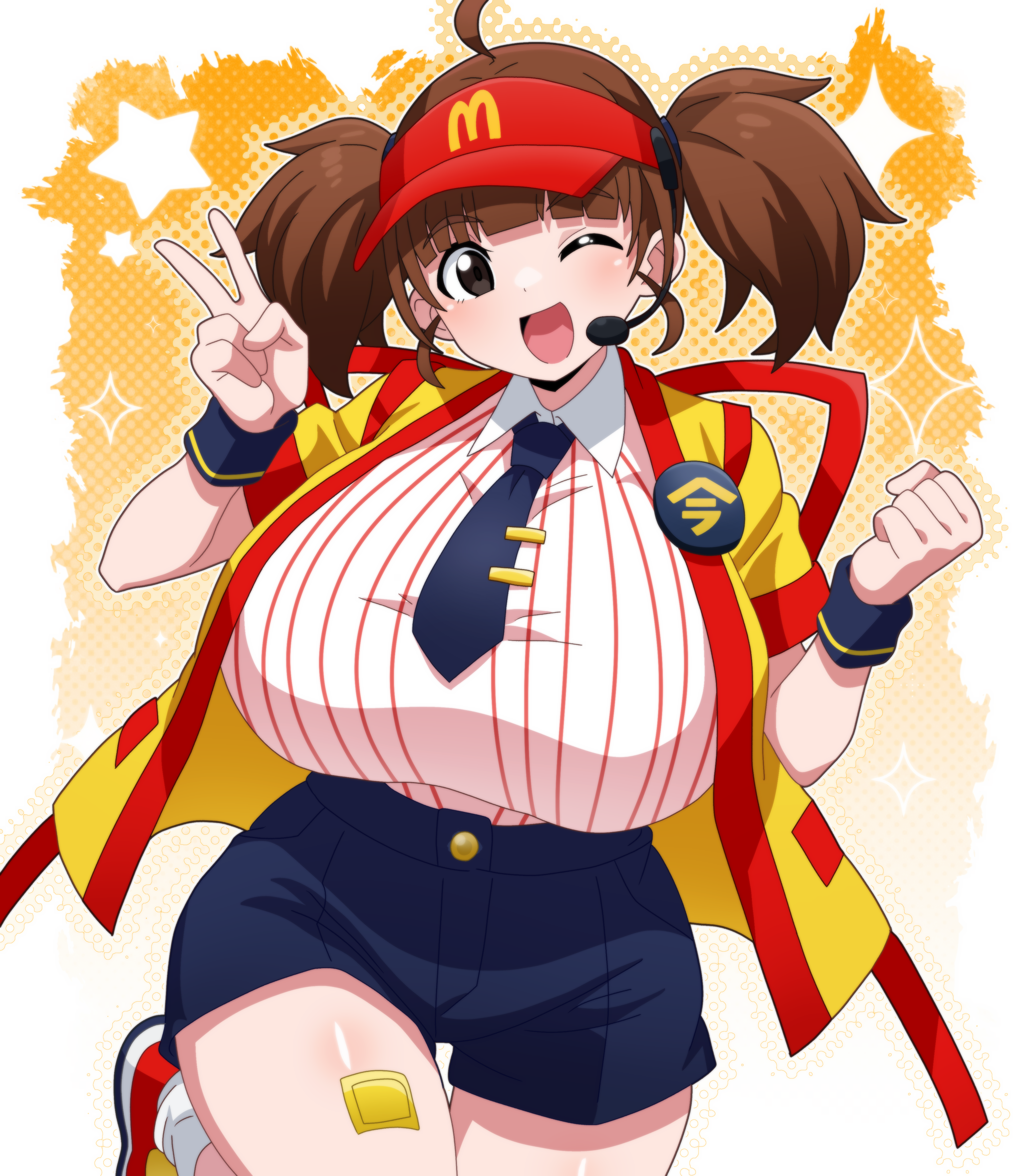 hitokiwa kenchin, imadake dabuchi tabemi, mcdonald's, absurdres, highres, 1girl, ahoge, bandaid, bandaid on leg, blue shorts, breasts, brown eyes, brown hair, employee uniform, eyebrows hidden by hair, fast food uniform, headset, huge breasts, looking at viewer, medium hair, microphone, one eye closed, open happi, open mouth, short twintails, shorts, smile, solo, standing, standing on one leg, twintails, v, visor cap, yellow happi