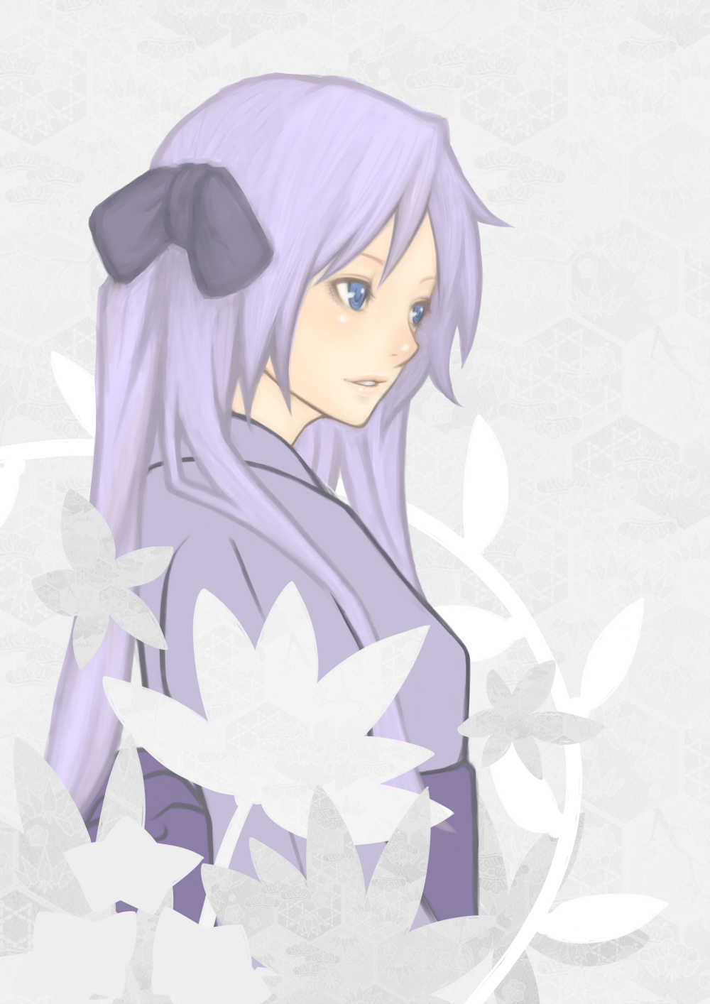 riichi, shun (nikoru555), hiiragi kagami, lucky star, bad id, bad pixiv id, highres, 00s, 1girl, blue eyes, female focus, hair ribbon, japanese clothes, kimono, long hair, purple hair, ribbon, solo, twintails