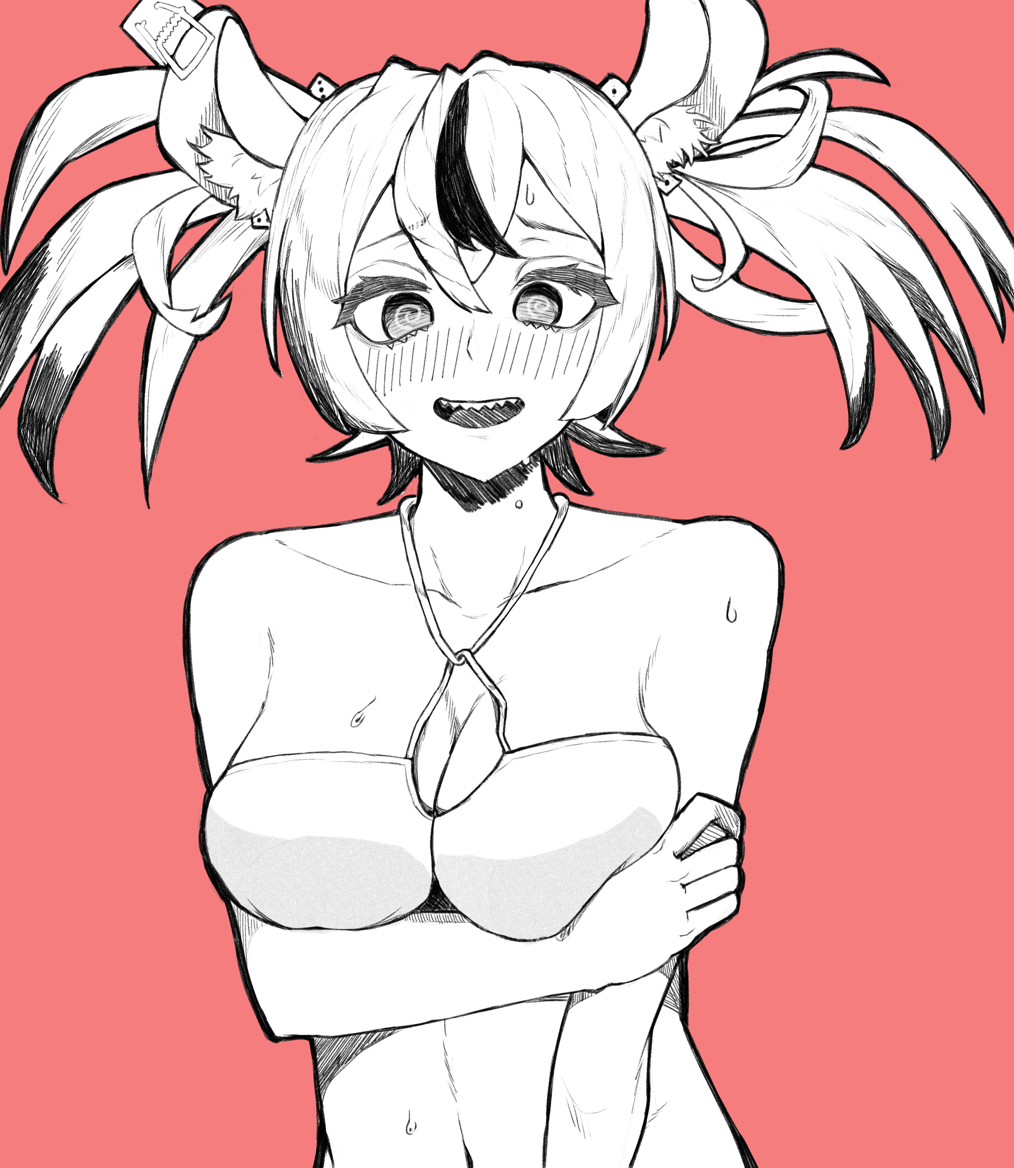 hakos baelz, hololive, hololive english, absurdres, commentary, english commentary, highres, 1girl, @ @, animal ears, arm under breasts, bare shoulders, blush, bow, breasts, collarbone, dice hair ornament, hair bow, hair ornament, lavacacticus, looking at viewer, mouse ears, mouse girl, mousetrap, multicolored hair, nervous smile, open mouth, partially colored, red background, sharp teeth, simple background, smile, solo, streaked hair, sweat, teeth, twintails, upper body, upper teeth only, virtual youtuber