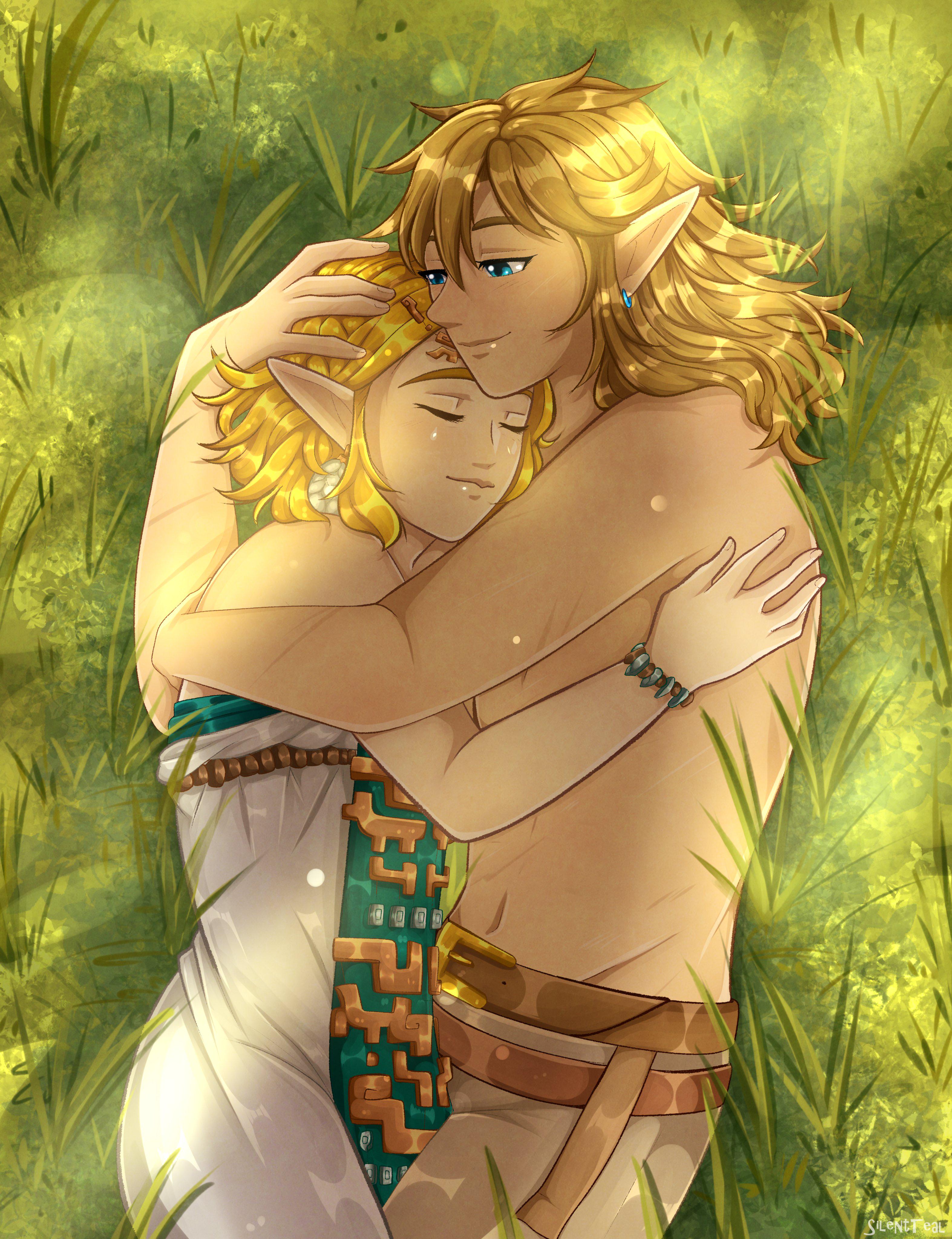 silentteal, link, princess zelda, nintendo, the legend of zelda, the legend of zelda: tears of the kingdom, 1boy, 1girl, blonde hair, closed eyes, dress, earrings, grass, hug, jewelry, lying, on side, short hair, smile, topless male, white dress
