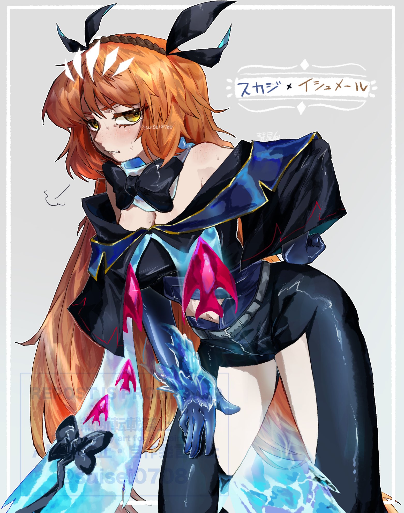 suisei0708, ishmael (project moon), arknights, limbus company, project moon, highres, 1girl, black bow, black bowtie, black capelet, black gloves, black pants, border, bow, bowtie, breasts, brown hairband, capelet, cleavage, clothing cutout, freckles, gloves, grey background, hair bow, hairband, large breasts, long hair, looking at viewer, multiple hair ribbons, navel cutout, off-shoulder capelet, orange hair, pants, simple background, solo, standing, sweatdrop, thigh cutout, tidal elegy (e.g.o), upper body, white border, yellow eyes