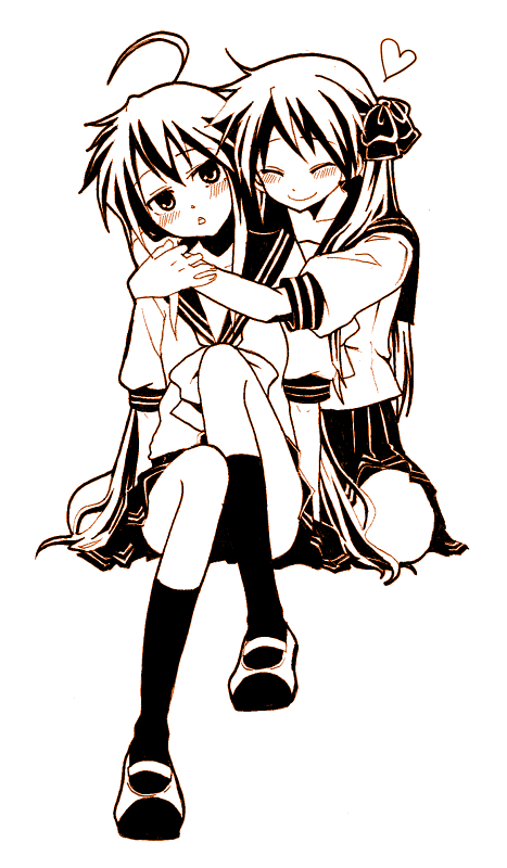 kochoko, hiiragi kagami, izumi konata, lucky star, 00s, 2girls, ahoge, blush, brown theme, closed eyes, heart, hug, mole, mole under eye, monochrome, multiple girls, school uniform, serafuku, sitting, spot color, yuri