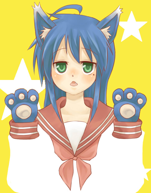 kochoko, izumi konata, lucky star, 00s, 1girl, ahoge, animal ears, animal hands, blue hair, cat ears, cat paws, fang, female focus, green eyes, mole, mole under eye, solo