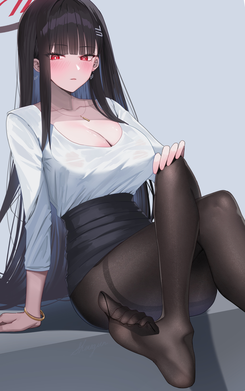 shougun (chuckni1), rio (blue archive), blue archive, commentary, highres, 1girl, arm support, artist name, black hair, black halo, black pantyhose, black skirt, blunt bangs, blush, bracelet, breasts, bright pupils, cleavage, collarbone, crossed legs, diamond earrings, earrings, feet, gold bracelet, grey background, hair ornament, halo, hand on own knee, jewelry, large breasts, long hair, long sleeves, looking at viewer, millennium science school logo, multicolored halo, necklace, pantyhose, parted lips, red eyes, ringed eyes, shirt, shirt tucked in, sidelocks, sitting, skirt, soles, solo, thighband pantyhose, thighs, toe seam, toes, very long hair, white pupils, white shirt
