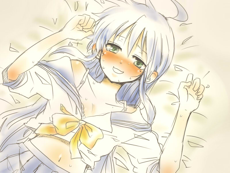 kochoko, izumi konata, lucky star, 00s, 1girl, ahoge, blue hair, blush, bra, female focus, green eyes, lingerie, long hair, lying, midriff, mole, mole under eye, school uniform, serafuku, solo, sweat, underwear