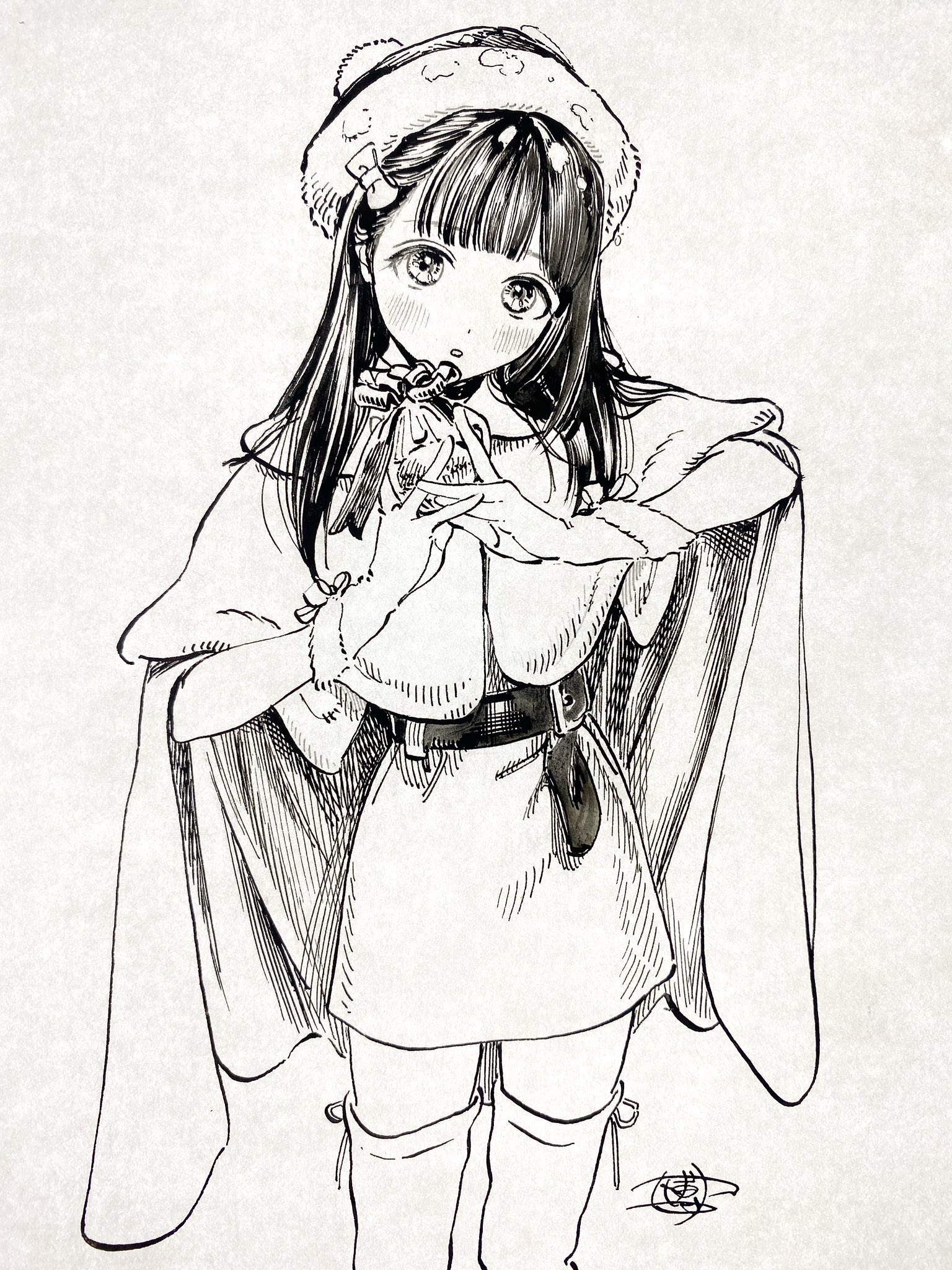 hiro (dismaless), akebi komichi, akebi-chan no serafuku, commentary, english commentary, highres, 1girl, alternate costume, belt, belt buckle, blunt bangs, boots, buckle, capelet, dress, gift, gloves, hair ornament, hair over shoulder, hands up, hat, holding, holding gift, knee boots, light blush, long hair, looking at viewer, monochrome, parted lips, santa hat, signature, simple background, solo, teeth, white background