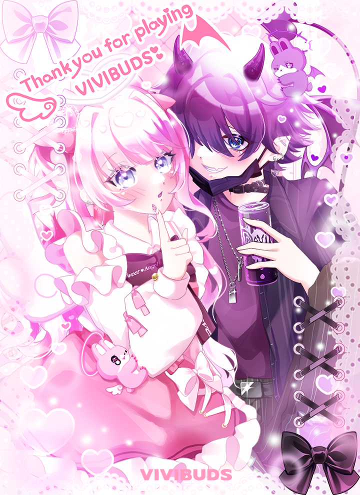 non-web source, official art, 1boy, 1girl, belt, black belt, black bow, black choker, black jacket, blue eyes, blush, bow, can, choker, copyright name, demon horns, fake nails, grin, halo, heart, heart-shaped pupils, heart halo, heart in eye, holding, holding can, horns, jacket, logo, open clothes, open jacket, pink bow, pink hair, pink nails, purple eyes, purple hair, purple shirt, shirt, smile, symbol-shaped pupils, symbol in eye, teeth, thank you, vivibuds, white shirt