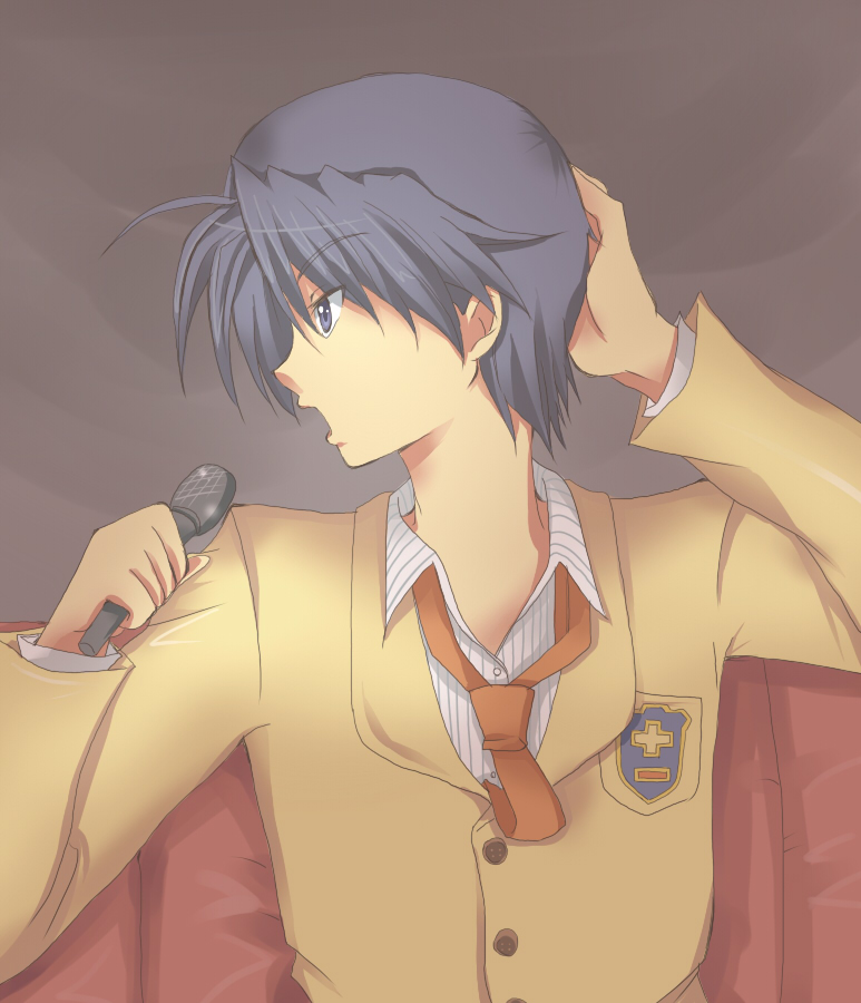 imo mushi, okazaki tomoya, clannad, bad id, bad pixiv id, 00s, 1boy, blue eyes, blue hair, male focus, matching hair/eyes, microphone, music, school uniform, serafuku, short hair, singing, solo