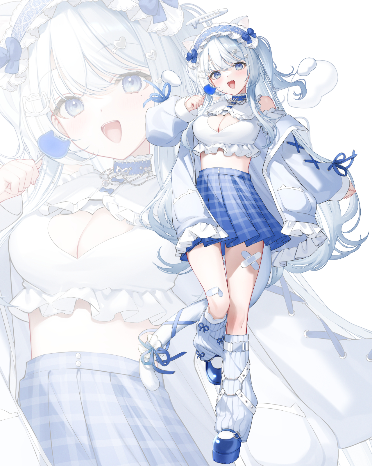 kuma daigorou, indie virtual youtuber, highres, official art, 1girl, animal ears, bare shoulders, blue choker, blue eyes, blue shoes, blue skirt, breasts, candy, cat ears, cat tail, choker, cleavage, cleavage cutout, clothing cutout, crop top, food, frilled shirt, frills, halo, headdress, heart cutout, high-waist skirt, holding, holding candy, holding food, holding lollipop, jacket, large breasts, lollipop, long hair, looking at viewer, loose socks, midriff, mole, mole under eye, nekone uyu, off shoulder, open clothes, open jacket, open mouth, pleated skirt, shirt, shoes, skirt, smile, socks, solo, tail, two side up, very long hair, virtual youtuber, white hair, white shirt, zoom layer