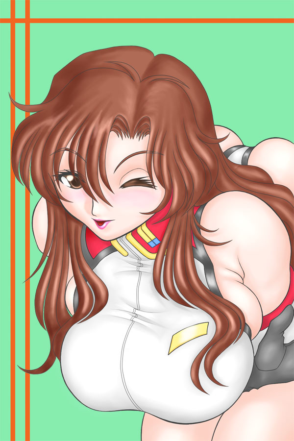 ^jj^, alpharalpha, murrue ramius, gundam, gundam seed, gundam seed destiny, 00s, 1girl, breasts, brown eyes, brown hair, female focus, large breasts, lipstick, makeup, one eye closed, solo, wink