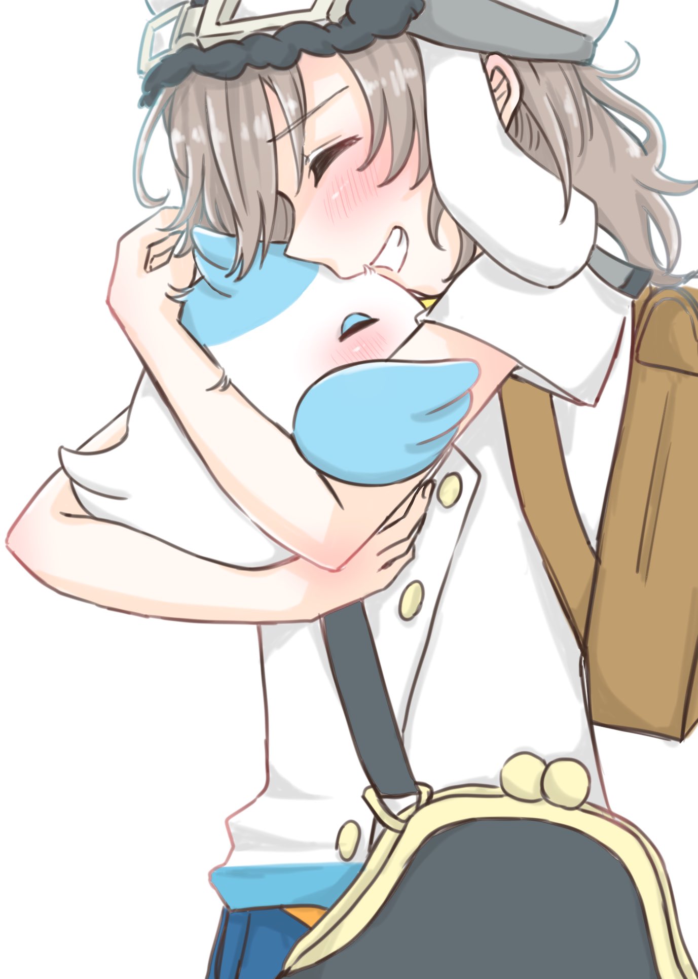 wa you 01, watanabe you, you (genjitsu no yohane), genjitsu no yohane, love live!, love live! sunshine!!, commentary, highres, symbol-only commentary, 1girl, animal, animal hug, backpack, bag, bird, black bag, blue bird, blue skirt, brown bag, goggles, goggles on headwear, grey hair, grin, hat, medium hair, shirt, short sleeves, simple background, skirt, smile, white background, white hat, white shirt