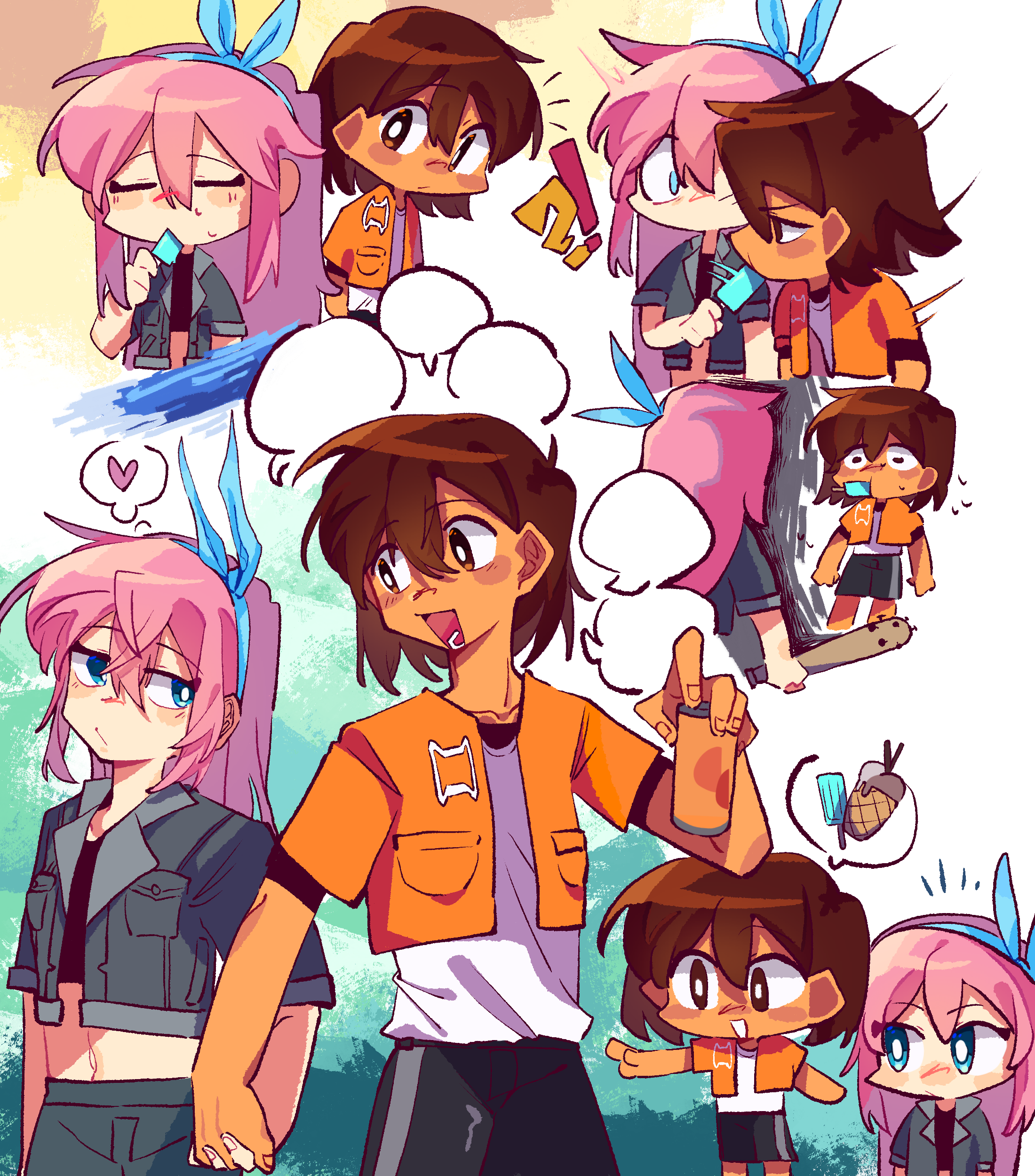 aubrey (faraway) (omori), aubrey (omori), kel (faraway) (omori), kel (omori), omori, absurdres, highres, !?, 1boy, 1girl, alternate costume, alternate eye color, baseball bat, black jacket, blank speech bubble, blue hairband, blush, bright pupils, can, chibi, closed mouth, crop top, cropped jacket, food, food in mouth, hairband, heart, holding, holding baseball bat, holding can, holding food, holding hands, holding popsicle, huasuan69416, jacket, long hair, looking at another, lower teeth only, nail (hardware), nail bat, navel, open mouth, orange jacket, pointing, popsicle, popsicle in mouth, shirt, short hair, speech bubble, spoken food, spoken heart, teeth, thought bubble, white pupils, white shirt