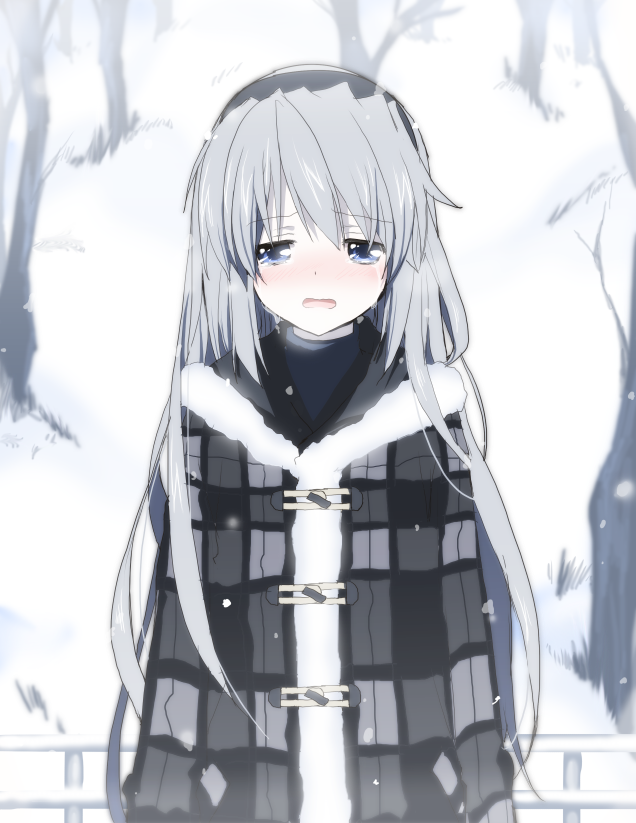 kurot, sakagami tomoyo, clannad, silver hair, 00s, 1girl, blue eyes, blush, coat, female focus, long hair, sad, snow, solo, tears, very long hair, wavy mouth