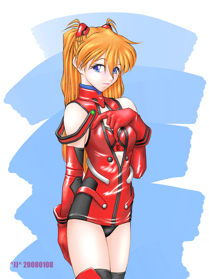 ^jj^, alpharalpha, souryuu asuka langley, neon genesis evangelion, 1girl, adapted costume, blue eyes, breasts, elbow gloves, female focus, gloves, hair ornament, hairclip, long hair, mecha pilot suit, orange hair, panties, plugsuit (evangelion), solo, thighhighs, underwear