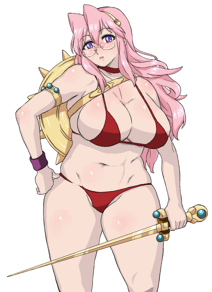 hisakawa riho, hishagawariho, princess athena, takara miyuki, athena (series), lucky star, bad id, bad pixiv id, 1girl, armlet, bikini, breasts, choker, cleavage, cosplay, female focus, glasses, hairband, hand on own hip, hip focus, huge breasts, jewelry, long hair, pink hair, plump, princess athena (cosplay), purple eyes, red bikini, shield, solo, swimsuit, sword, weapon, wristband