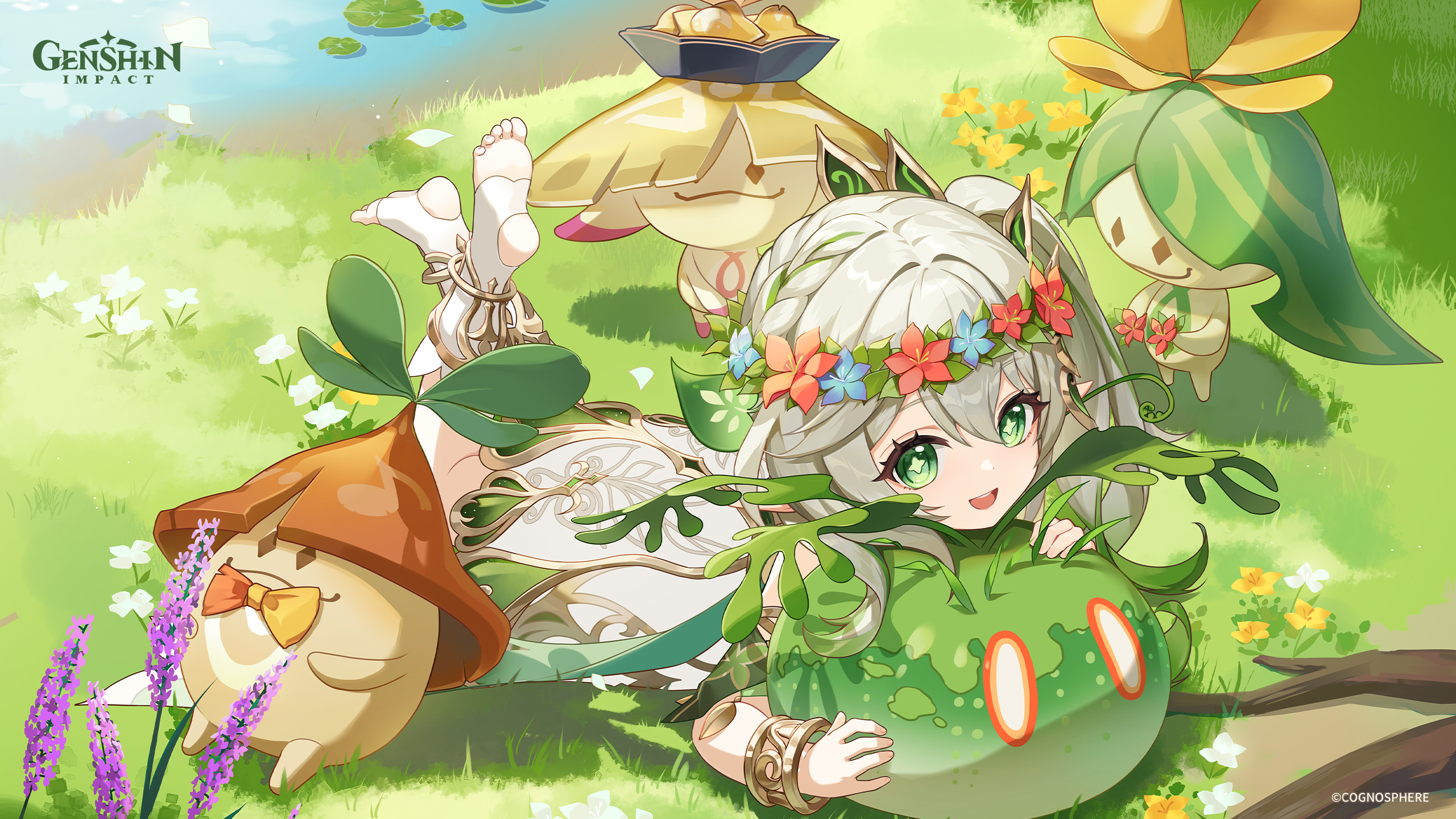 aranara (genshin impact), nahida (genshin impact), slime (genshin impact), genshin impact, commentary, english commentary, highres, official art, 1girl, bright pupils, cross-shaped pupils, dress, full body, gradient hair, green eyes, green hair, grey hair, long hair, lying, multicolored hair, on stomach, open mouth, outdoors, pointy ears, short hair, side ponytail, stirrup footwear, symbol-shaped pupils, teeth, the pose, upper teeth only, white dress, white pupils