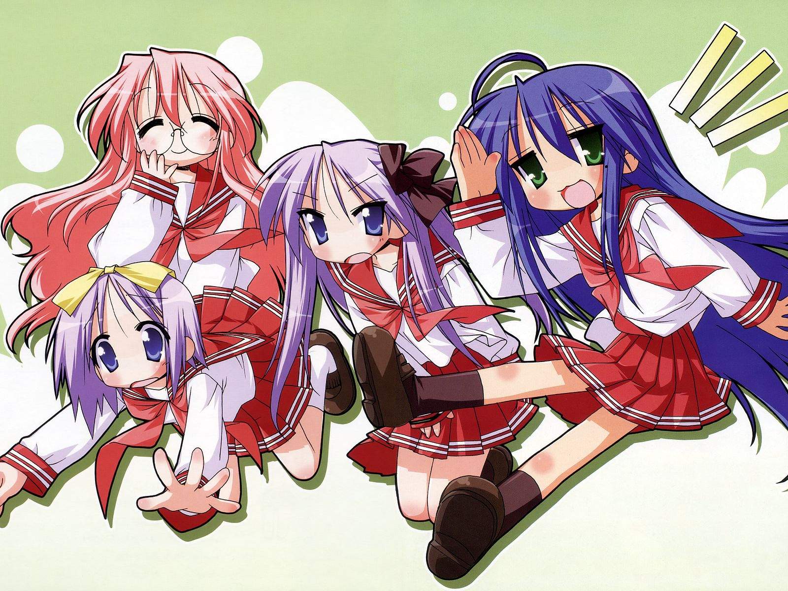 yoshimizu kagami, hiiragi kagami, hiiragi tsukasa, izumi konata, takara miyuki, lucky star, lucky star ~ryouou gakuen outousai~, ryouou gakuen outousai, highres, jpeg artifacts, non-web source, official art, official wallpaper, 00s, 4girls, :3, ahoge, blue eyes, blue hair, blush, bow, closed eyes, glasses, green eyes, hair bow, hair ribbon, kneeling, long hair, mole, mole under eye, multiple girls, open mouth, pink hair, pleated skirt, purple hair, ribbon, salute, school uniform, serafuku, shoes, short hair, siblings, sisters, sitting, skirt, smile, socks, tripping, twins, twintails, very long hair