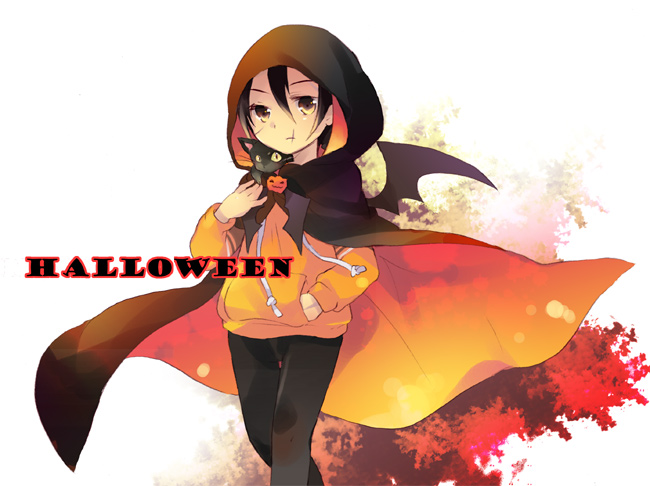 tachitsu teto, khamsin nbh'w, shakugan no shana, 00s, 1boy, black hair, cape, cat, halloween, jack-o'-lantern, male focus, pumpkin, short hair, solo, wings, yellow eyes
