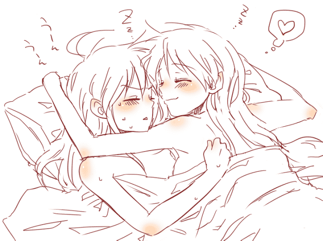 kochoko, hiiragi kagami, izumi konata, lucky star, 00s, 2girls, ahoge, bed, blanket, closed eyes, flat chest, heart, monochrome, multiple girls, pillow, simple background, sleeping, speech bubble, spoken heart, sweat, sweatdrop, thought bubble, white background, yuri, zzz