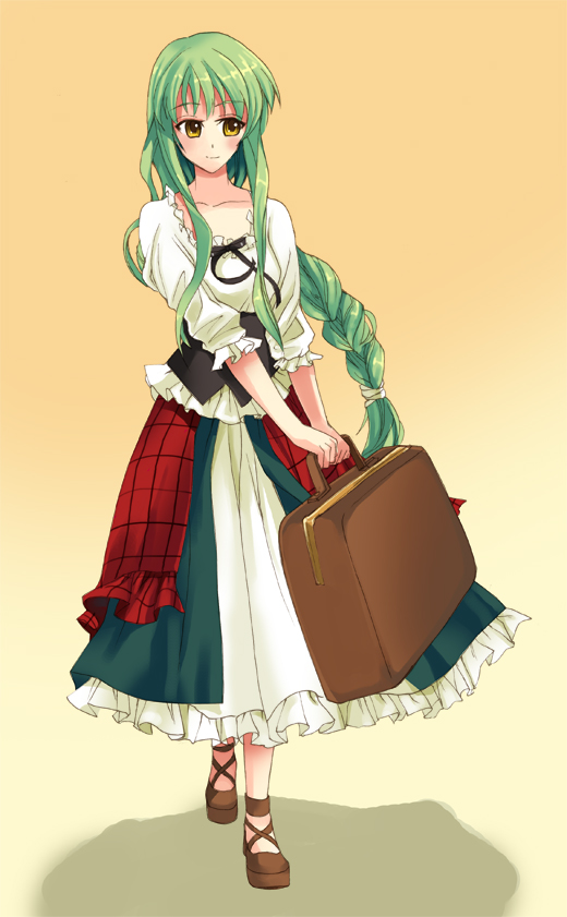otabe sakura, c.c., code geass, 00s, blush, braid, dress, green hair, long hair, single braid, smile, solo, suitcase, yellow eyes