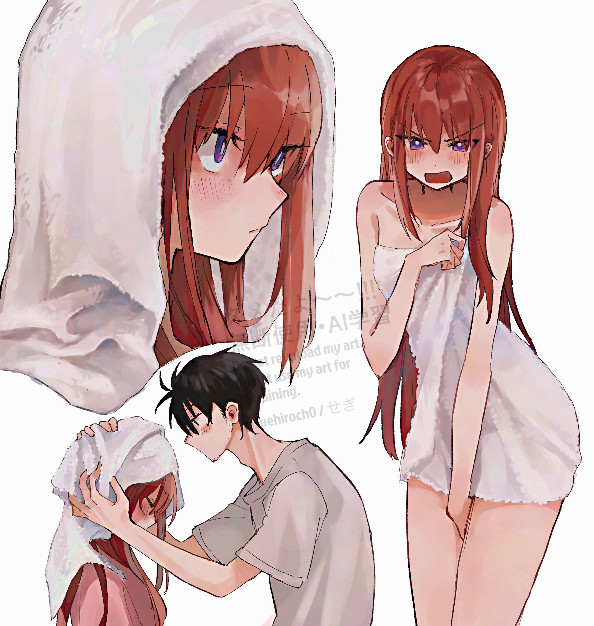 suehiroch0, makise kurisu, okabe rintarou, science adventure, steins;gate, highres, 1boy, 1girl, blush, drying, drying another's hair, drying hair, embarrassed, long hair, looking at viewer, multiple views, naked towel, purple eyes, red hair, simple background, towel, towel on head, twitter username, watermark, white background
