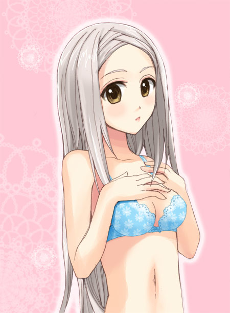 otabe sakura, soma peries, gundam, gundam 00, silver hair, 00s, blush, bra, breasts, cleavage, lingerie, long hair, navel, solo, underwear, yellow eyes