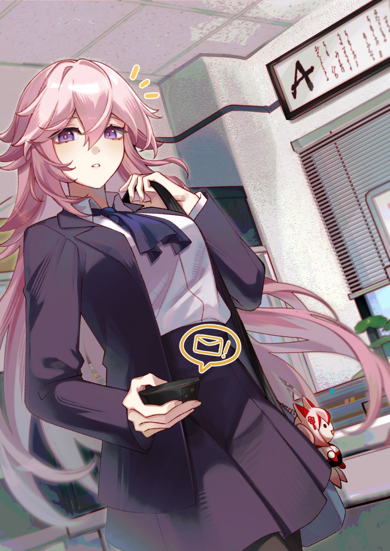 tana (tanabio), higokumaru, rin (honkai impact), yae sakura, honkai (series), honkai impact 3rd, commentary request, highres, korean commentary, second-party source, 1girl, bag, blue coat, blue skirt, breasts, character charm, charm (object), coat, holding, holding phone, indoors, large breasts, long hair, looking at viewer, phone, purple eyes, shirt, shoulder bag, skirt, solo, very long hair, white shirt