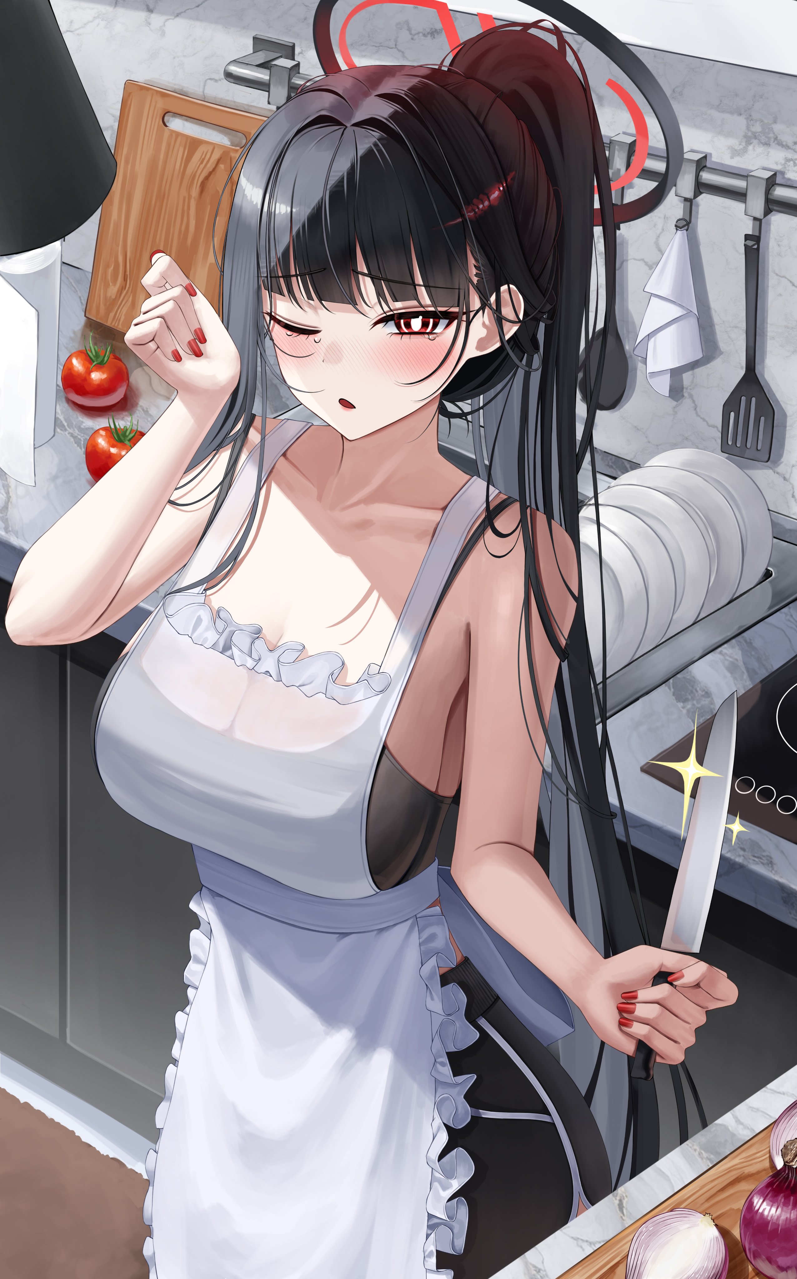 hsxxx, rio (blue archive), blue archive, absurdres, commentary request, highres, 1girl, apron, bare shoulders, black hair, black halo, blush, breasts, bright pupils, collarbone, cutting board, fingernails, halo, hand up, holding, holding knife, indoors, knife, large breasts, long hair, looking at viewer, multicolored halo, nail polish, one eye closed, onion, parted lips, plate, red eyes, red halo, red nails, solo, spatula, tomato, two-tone halo, very long hair, white apron