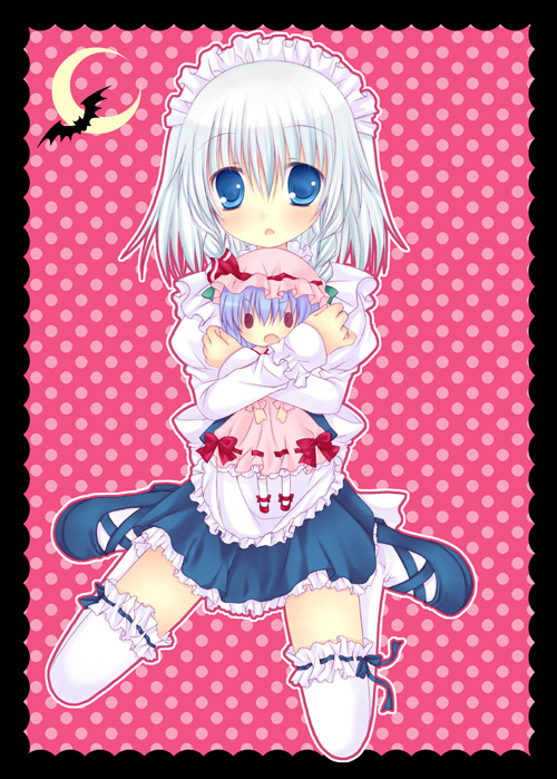 mizuse ruka, izayoi sakuya, remilia scarlet, touhou, silver hair, bad id, bad pixiv id, 1girl, bat (animal), blue hair, braid, character doll, doll, female focus, hairband, hat, maid, moon, ribbon, short hair, socks, solo, thighhighs, twin braids, twintails