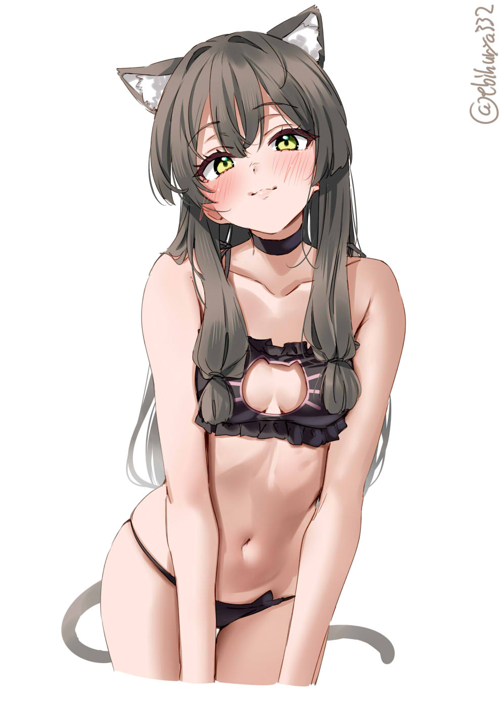 ebifurya, i-47 (kancolle), kantai collection, commentary request, highres, 1girl, animal ear fluff, animal ears, artist name, black bra, black choker, black panties, blunt tresses, blush, bra, cat cutout, cat ear panties, cat ears, cat girl, cat lingerie, cat tail, choker, cleavage cutout, closed mouth, clothing cutout, collarbone, cropped legs, grey hair, hair between eyes, hair intakes, light smile, long hair, looking at viewer, navel, one-hour drawing challenge, panties, parted bangs, sidelocks, simple background, skindentation, solo, tail, thighs, twitter username, underwear, white background, yellow eyes