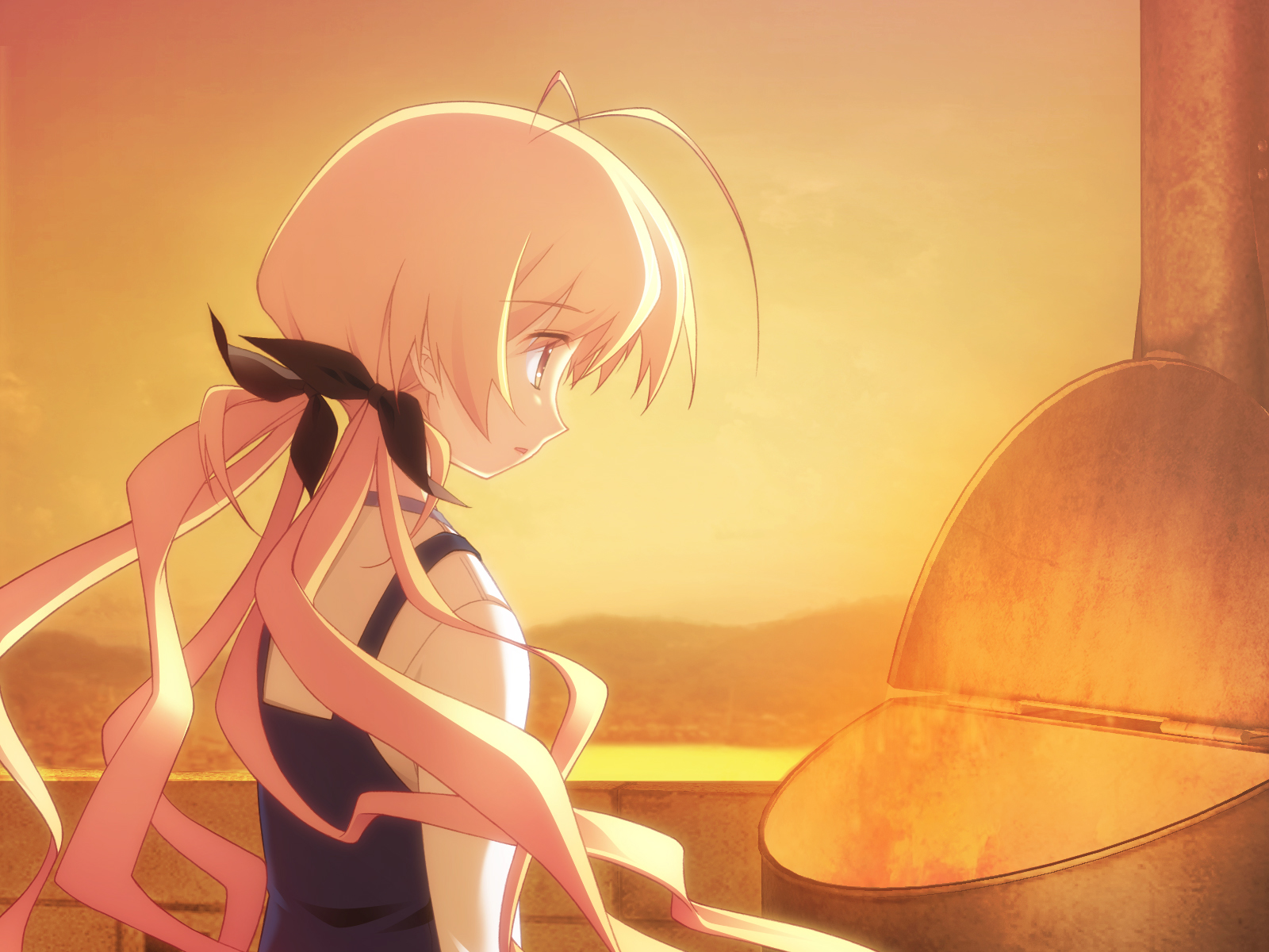 matsuo yukihiro, orihara kozue, 5pb., chaos;head, science adventure, game cg, highres, 00s, 1girl, antenna hair, blonde hair, female focus, hair ribbon, long hair, ribbon, sky, solo, sunset, twintails, yellow eyes