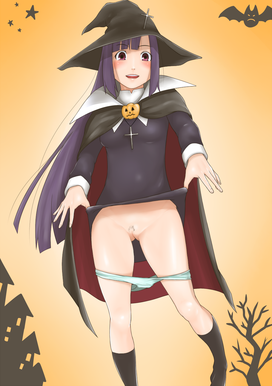 hentai oyaji, zange, kannagi, bad id, bad pixiv id, highres, 00s, 1girl, blush, cape, clothes lift, cross, female focus, female pubic hair, hat, jack-o'-lantern, long hair, panties, panty pull, pubic hair, pumpkin, purple hair, pussy, skirt, skirt lift, solo, uncensored, underwear, very long hair, witch hat