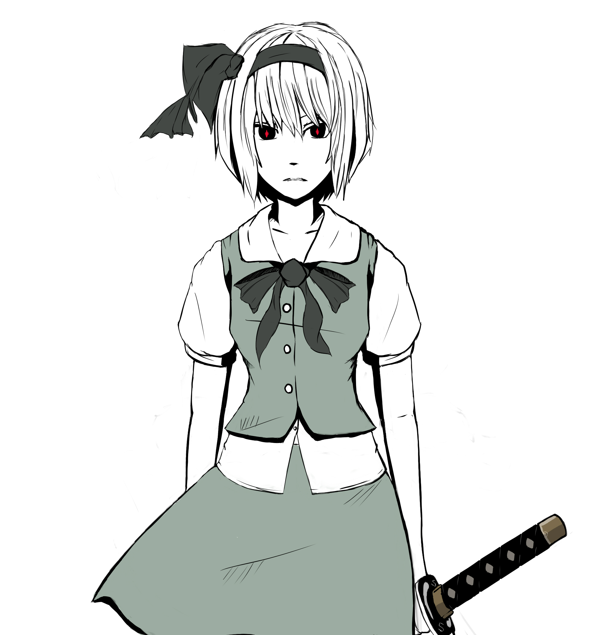ootsuka akito, konpaku youmu, touhou, bad id, bad pixiv id, highres, 1girl, female focus, green theme, hairband, katana, monochrome, red eyes, solo, spot color, sword, weapon, white hair