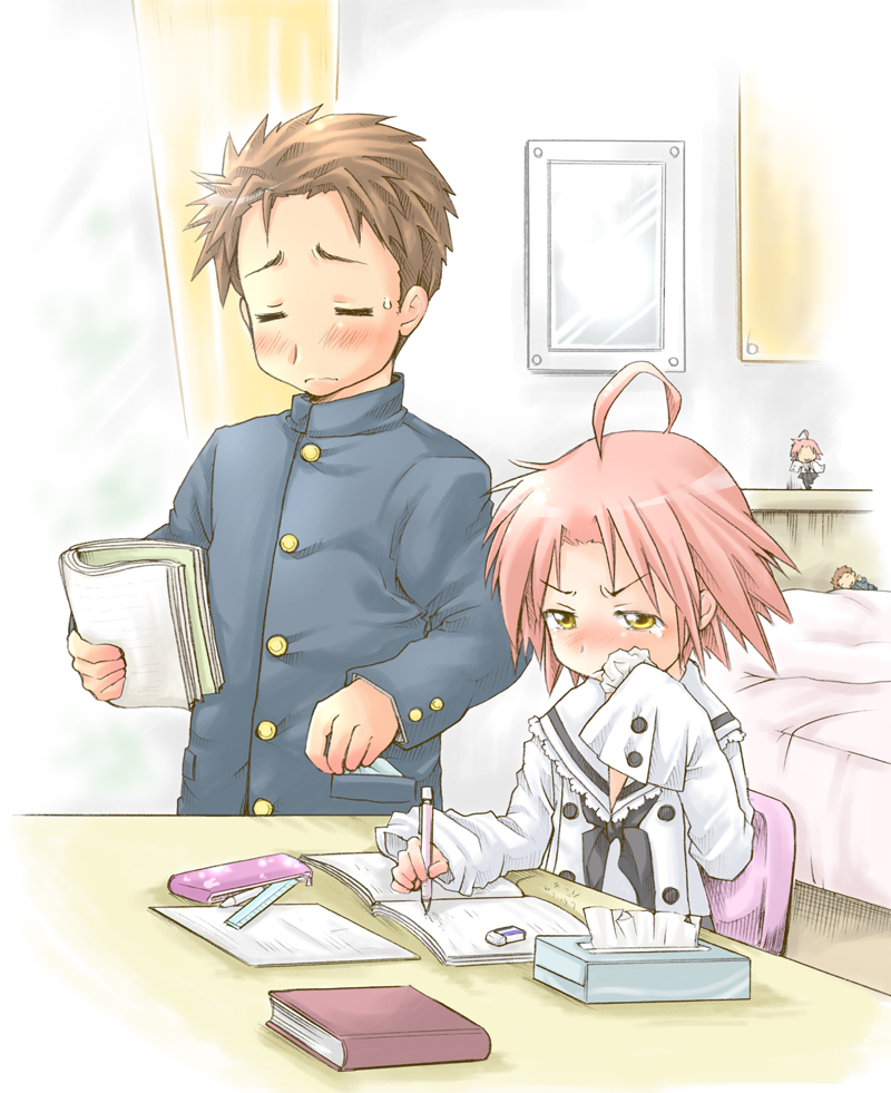 ubizo, kogami akira, shiraishi minoru, lucky star, 00s, 1boy, 1girl, ahoge, book, pink hair, short hair, studying, tears, tissue, tissue box, writing, yellow eyes